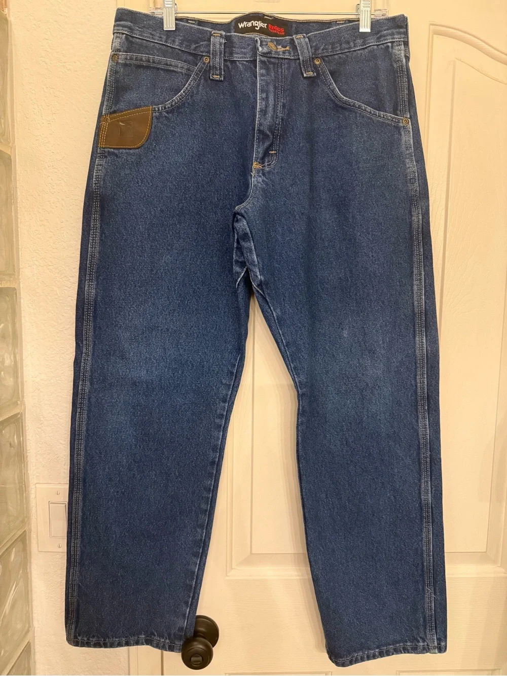 Wrangler Dark Blue Straight Leg Jeans with Brown Patch